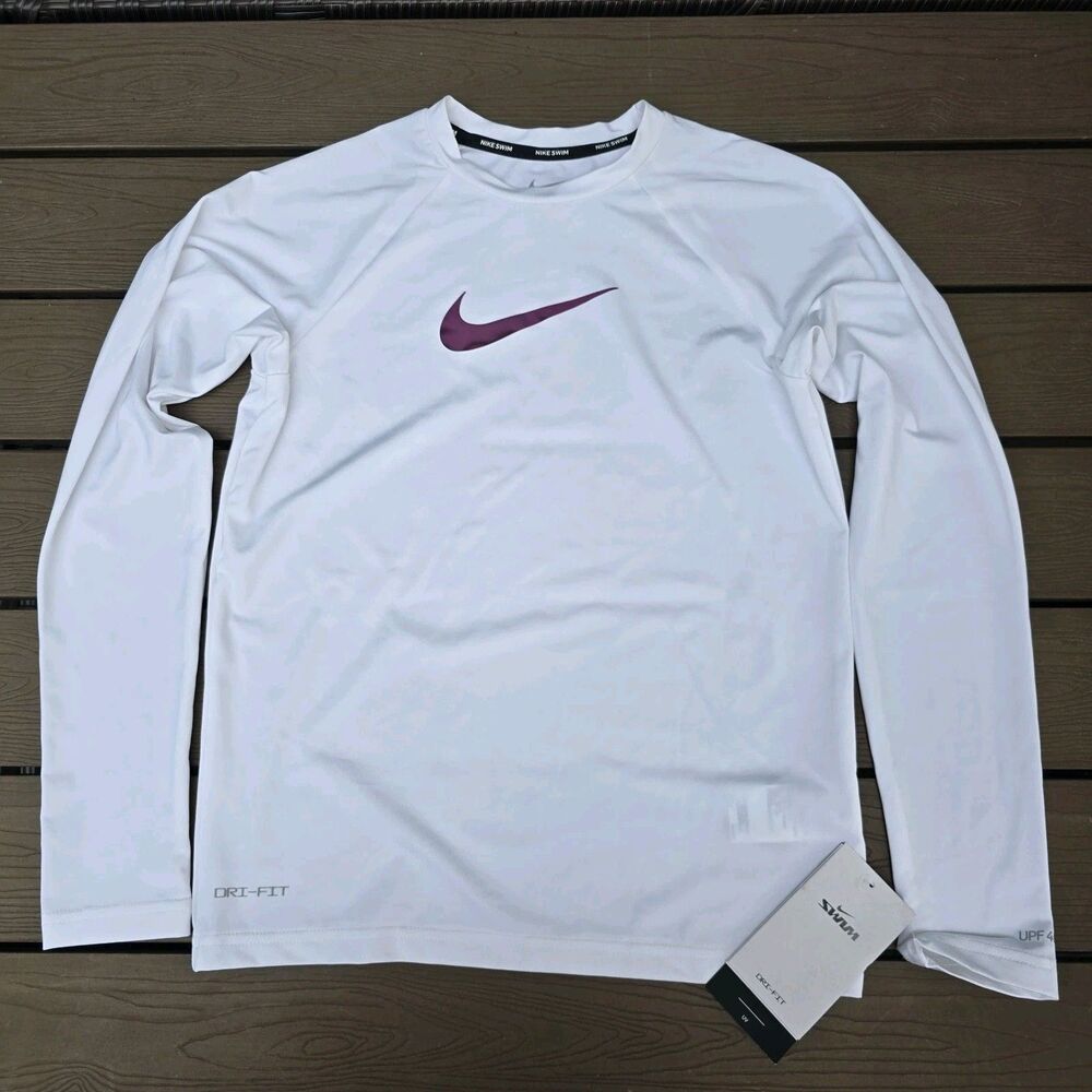 Nike Swim Youth Girl's Pink Metalic Swoosh Long Sleeve Hydroguard Shirt L NWT